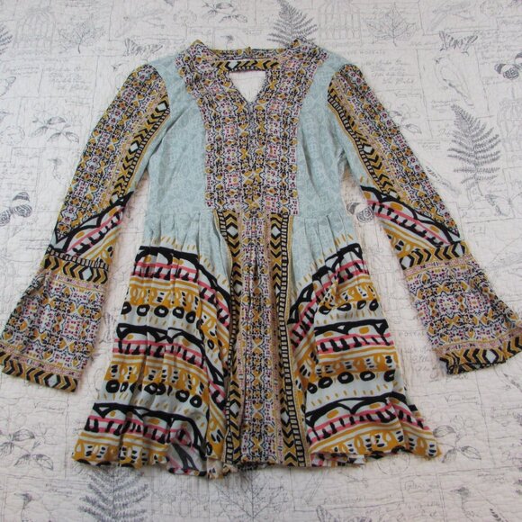 Free People Dress Womens Blue green Tegan Border Print Bell Slv Boho Mini size 2 - Picture 5 of 10